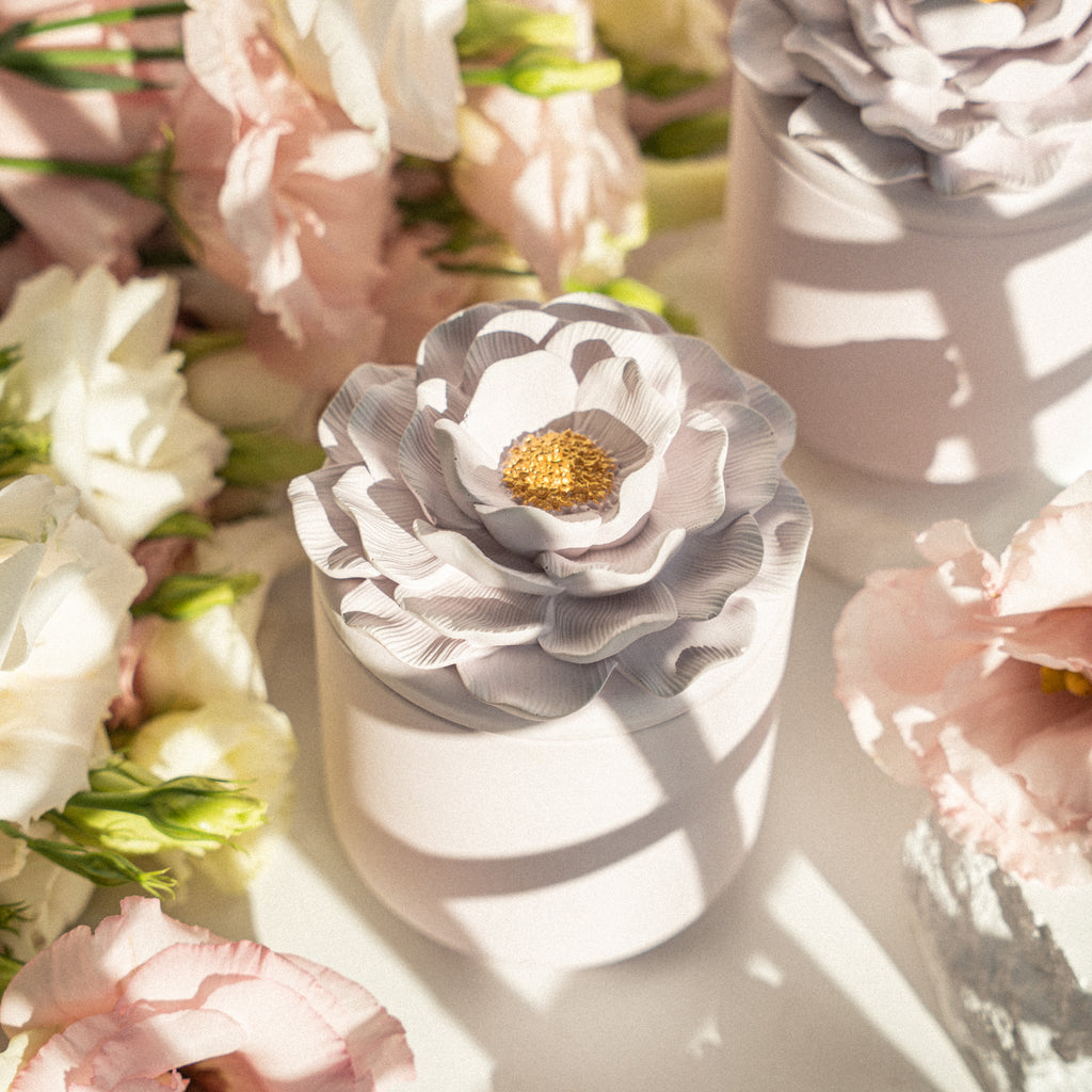 Handmade soy wax candle Black Raspberry Vanilla fragrance in white floral gypsum jar