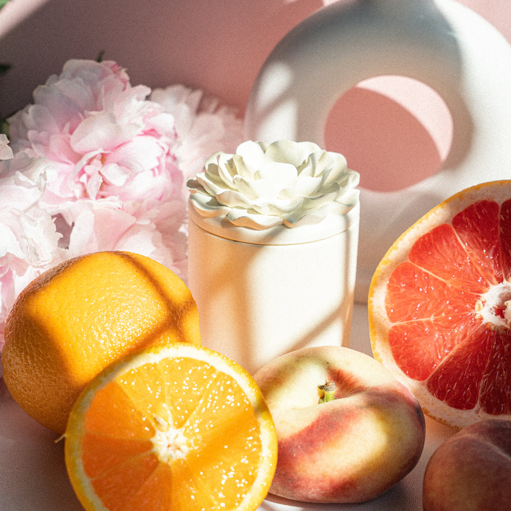 Soy candle in gypsum jar with flower lid and citrus fruits