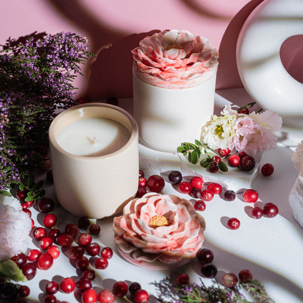 Cranberry Woods candle in floral gypsum jar – perfect handmade gift