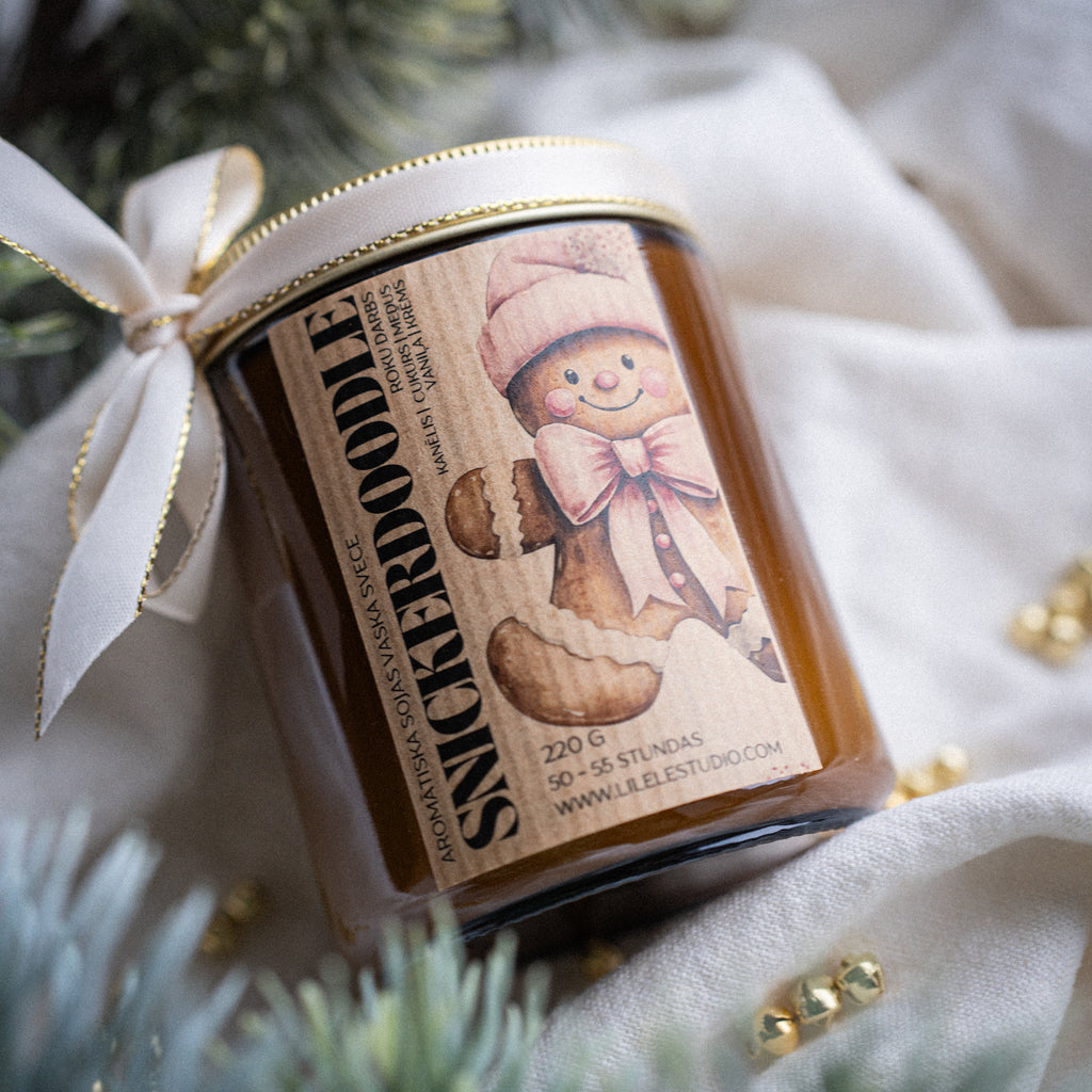 Snickerdoodle scented soy wax candle with cinnamon, butter, and vanilla notes