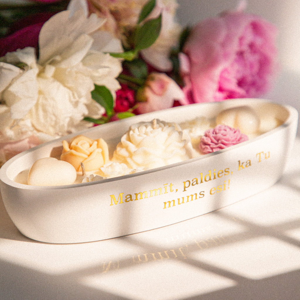 Personalizējama aromātiska sojas svece, sveču veikals Rīgā, dāvana mammai