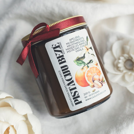 Aromātiska sojas vaska svece stikla traukā ar pistāciju bezē aromātu, 220 grami, LILELE STUDIO roku darbs